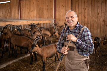Portrait of farmer or cattleman standing in farmhouse. In background goat domestic animals standing and eating.