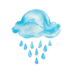 Hand drawn  blue watercolor cloud with  falling drops isolated at white background. Rain.