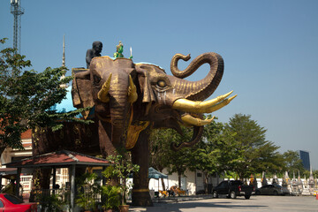 Large outdoor statue of Erawan elephant three headed in Thailand.