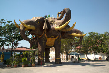 Large outdoor statue of Erawan elephant three headed in Thailand.