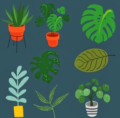 set of plants and tree icons on blue square shaped  background