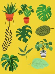 Set of icons of Beautiful and various types plants and leave on yellow background