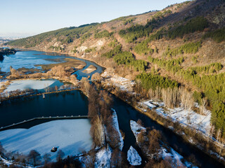 Aerial winter view of Pancharevo lake, Bulgaria