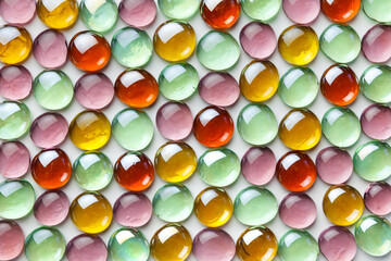 A pattern of many transparent, multi-colored beads. Colored Venetian, Murano glass