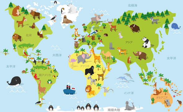 Funny cartoon world map in japanese with traditional animals of all the continents and oceans. Vector illustration for preschool education and kids design