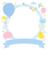 出産報告はがき ベビーグッズ　縦 水色ベース 白バック 文字なし