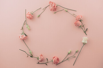 Flowers composition. Wreath made of pink rose flowers on pink background. Flat lay, top view, copy space