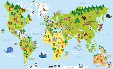 Fototapeta premium Funny cartoon world map with childrens of different nationalities, animals and monuments of all the continents and oceans. Names in chinese. Vector illustration for preschool education