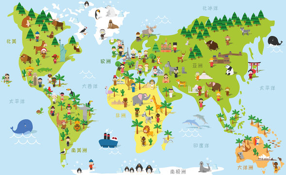 Funny cartoon world map with childrens of different nationalities, animals and monuments of all the continents and oceans. Names in chinese. Vector illustration for preschool education