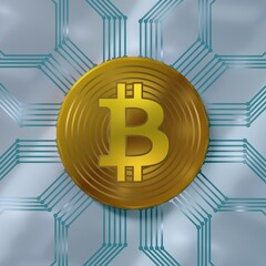 Shiny, metallic, 3d rendered bitcoin image.