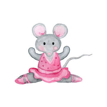Character. Watercolor painting of cute gray mouse-ballerina