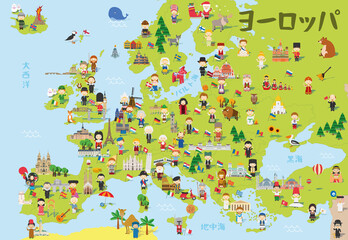 Funny cartoon map of Europe in japanese with childrens of different nationalities, representative monuments, animals and objects of all the countries. Vector illustration for preschool education