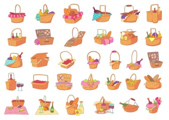 Picnic basket icons set. Cartoon set of picnic basket vector icons for web design