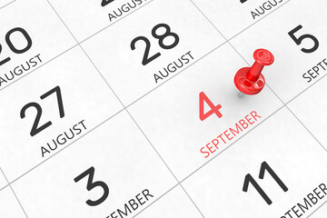 3d rendering of important days concept. September 4th. Day 4 of month. Red date written and pinned on a calendar. Autumn month, day of the year. Remind you an important event or possibility.