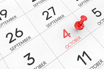 3d rendering of important days concept. October 4th. Day 4 of month. Red date written and pinned on a calendar. Autumn month, day of the year. Remind you an important event or possibility.