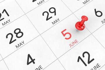 3d rendering of important days concept. June 5th. Day 5 of month. Red date written and pinned on a calendar. Summer month, day of the year. Remind you an important event or possibility.