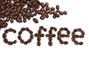 Coffee word made from coffee beans on white