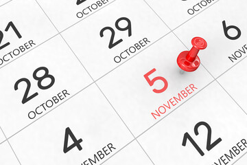 3d rendering of important days concept. November 5th. Day 5 of month. Red date written and pinned on a calendar. Autumn month, day of the year. Remind you an important event or possibility.