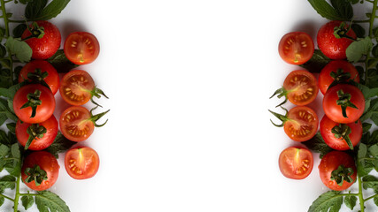 Organic cherry tomatoes cut in half with leaves on a pure white background arranged in perfect symmetry. Healthy food concept, horizontal image with copy space.