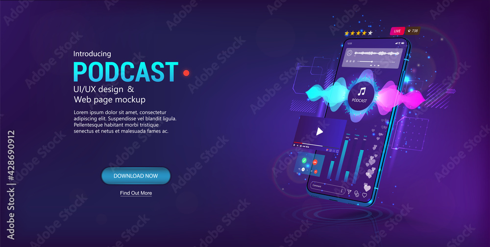Aufkleber podcast on mobile phone. 3d smartphone with broadcast - webinar, stream, workout, radio, lecture or 