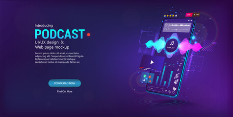 Podcast on Mobile Phone. 3D smartphone with broadcast - webinar, stream, workout, radio, lecture or audio blog online. Online podcast on smartphone. Mobile App with UI, UX interface. Vector banner - obrazy, fototapety, plakaty