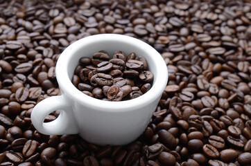 White cup among roasted, brown coffee beans