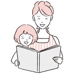 手描き1color 　読み聞かせ　娘と母親