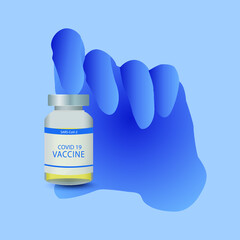 Developed Covid-19 vaccine in doctor hand. Medical bottle with coronavirus vaccine. Treatment for coronavirus covid-19. Vector illustration - 428691124