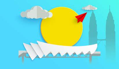 Travel and holiday vector illustration concept with clouds, sun, building and blue background. - 428691129