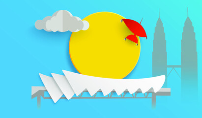 Travel and holiday vector illustration concept with clouds, sun, building and blue background. - 428691381
