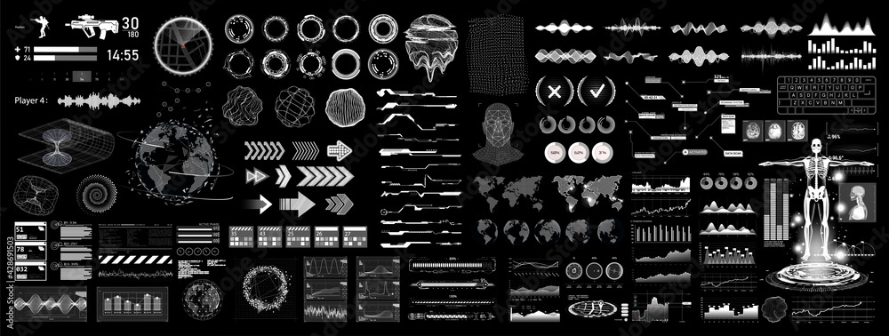 Poster Scifi and HUD UI digital elements collection. Futuristic User Interface design set - charts, callouts, charts, audio waves and HUD interface elements. Futuristic graphic set for UI and VR. Vector