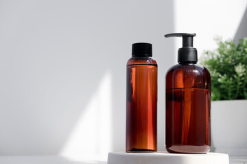 Natural beauty products. Mineral organic oil. Eco cosmetic cream, serum, skin care blank bottle. Face and body teatment, spa salon