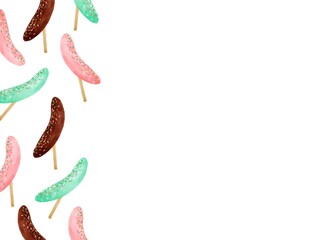 カラフルなチョコバナナ柄　コピースペース　水彩ベクターイラスト
