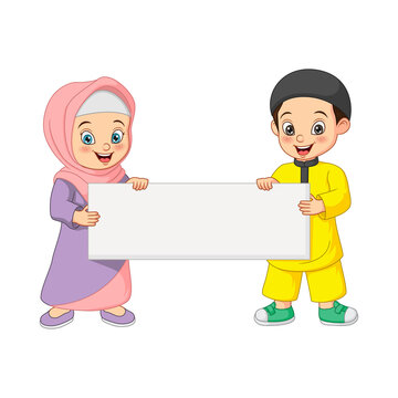 Happy Muslim kid cartoon with blank sign