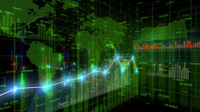 4K financial stock chart;Business tech digital Data trend hud Graph;Financial business diagram with charts and stock numbers showing profits and losses over time dynamically.world map.