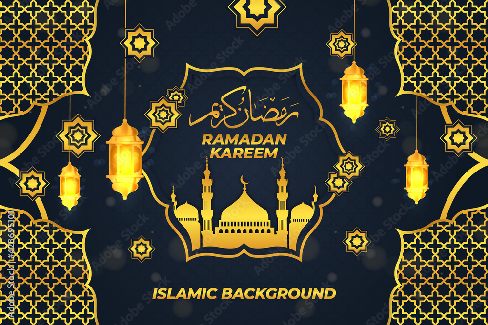 Wall mural ramadan kareem lantern ornament flat mosque islamic background