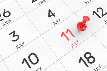 3d rendering of important days concept. July 11th. Day 11 of month. Red date written and pinned on a calendar. Summer month, day of the year. Remind you an important event or possibility.