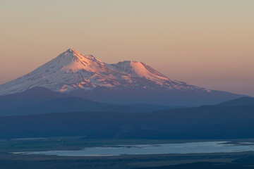 Mount Shasta at sunset as seen from Hamaker Mountain in Klamath County Oregon.