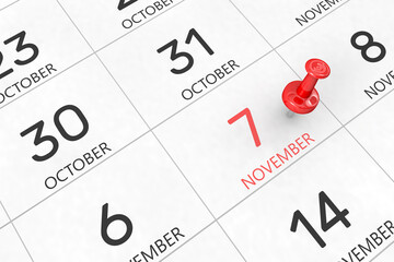 3d rendering of important days concept. November 7th. Day 7 of month. Red date written and pinned on a calendar. Autumn month, day of the year. Remind you an important event or possibility.