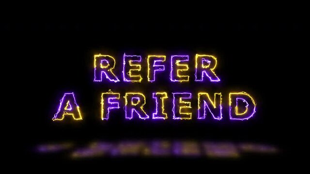 'REFER A FRIEND' yellow and violet energy border lines title animation with reflection on a floor. Simple seamless loop animated text. 4k typography motion graphic
