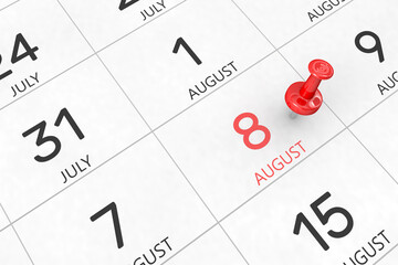 3d rendering of important days concept. August 8th. Day 8 of month. Red date written and pinned on a calendar. Summer month, day of the year. Remind you an important event or possibility. - obrazy, fototapety, plakaty