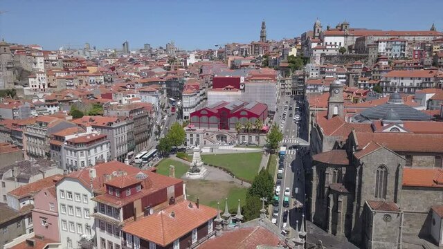 sunny day porto city prince henry the navigator monument aerial panorama 4k portugal