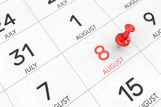 3d rendering of important days concept. August 8th. Day 8 of month. Red date written and pinned on a calendar. Summer month, day of the year. Remind you an important event or possibility.