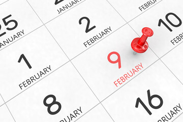3d rendering of important days concept. February 9th. Day 9 of month. Red date written and pinned on a calendar. Winter  month, day of the year. Remind you an important event or possibility.