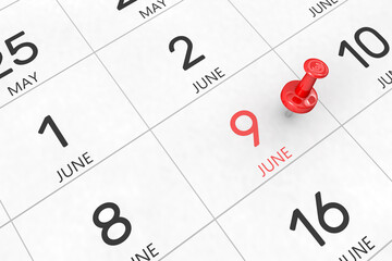 3d rendering of important days concept. June 9th. Day 9 of month. Red date written and pinned on a calendar. Summer month, day of the year. Remind you an important event or possibility.