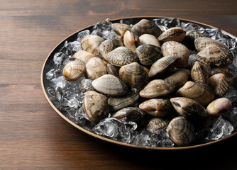 Ice and asari clams in a plate on a wooden background
