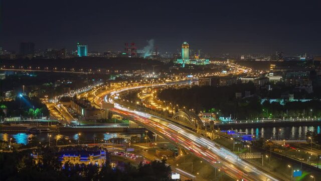 night illuminated moscow city traffic road ring aerial panorama 4k timelapse russia