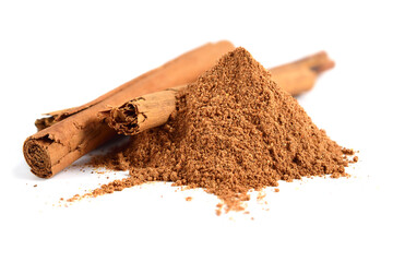 Ceylon Cinnamon or True Cinnamon Powder with added Cane Sugar and Quills (Sticks). Cooking Ingredient. Cinnamomum Verum. Isolated on White. - obrazy, fototapety, plakaty