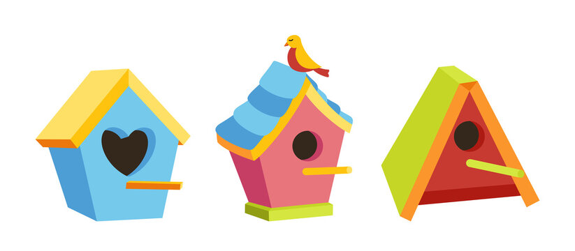 Birdhouse With Bird Flat Cartoon Set. Rural Colorful Garden Outdoor Decoration Wooden Birdhouse, Garden Concepts. Hand Drawn Birdbox And Birdie House Collection. Isolated Vector Illustration