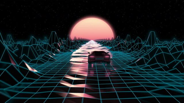 Beautiful 80s Retro Style CGI Animation. Futuristic Sport Car Driving Through a Electric Blue Grid Abstract Landscape to a Salmon Sunset. Retrowave Seamless Loop.